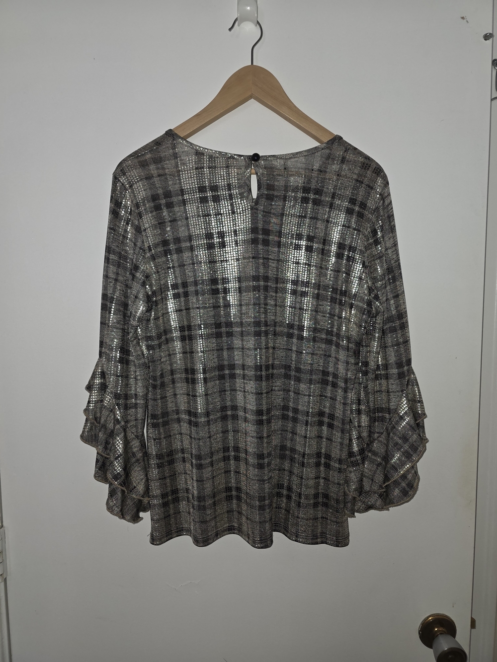 Plaid Ruffle-Sleeve Blouse in Grey And Black With Metallic Accent, Soft & Flowy - Picture 4 of 6